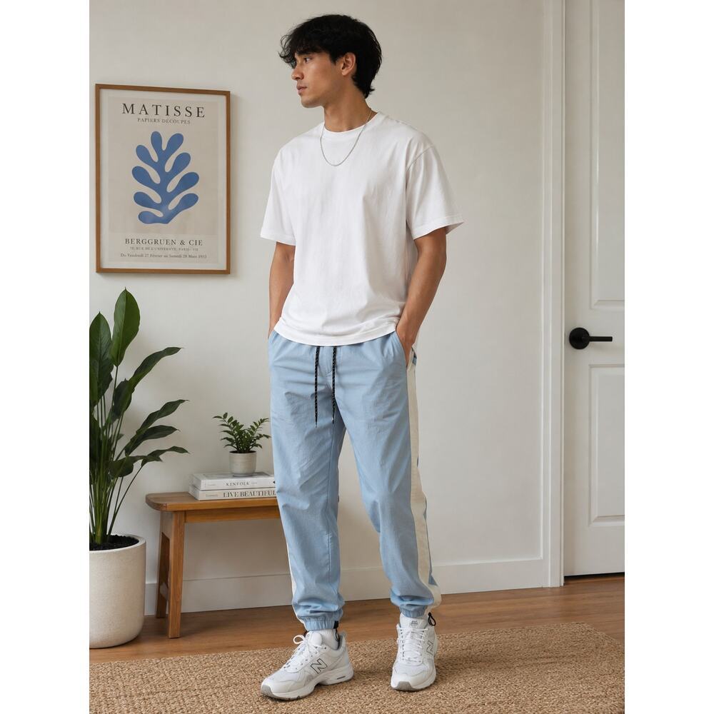 PacSun Men’s Blue White Colorblock Jogger Pants Size Medium Drawstring Casual